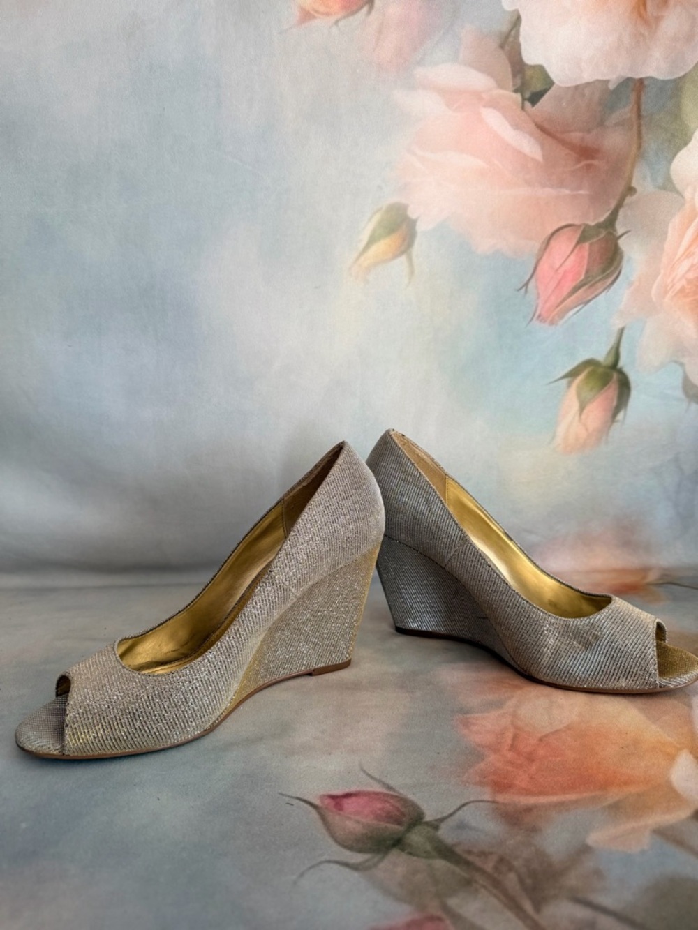 Kelly & Katie Gold Glitter Peep-Toe Wedge Heels